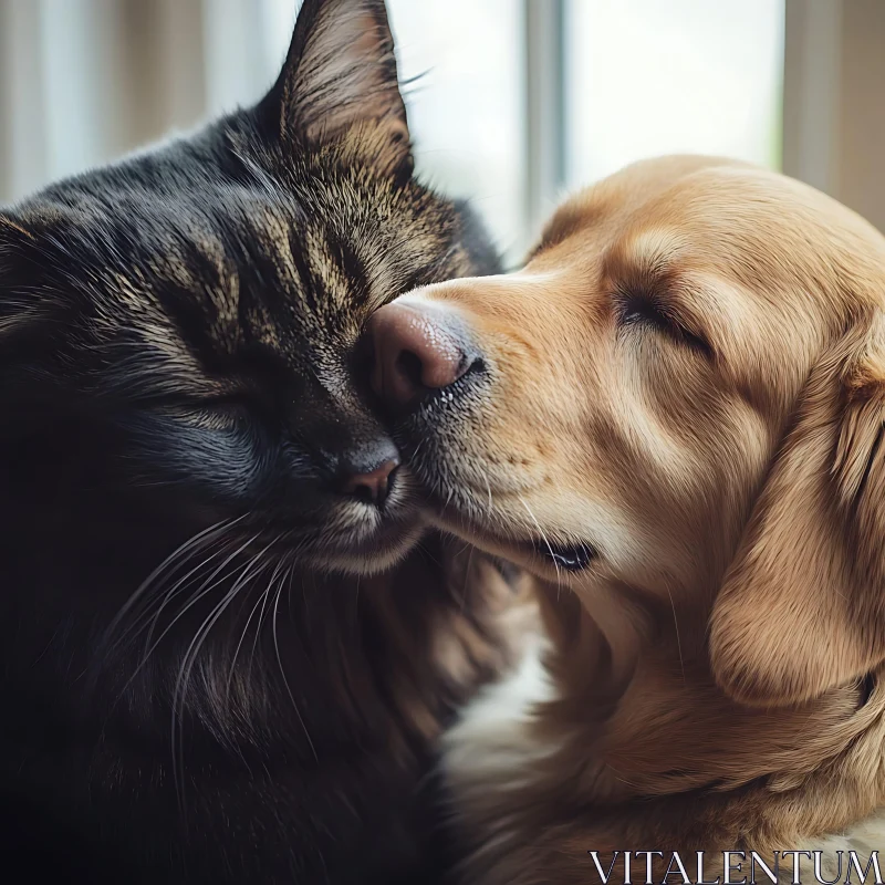 Tender Affection Between Feline and Canine Friends AI Image