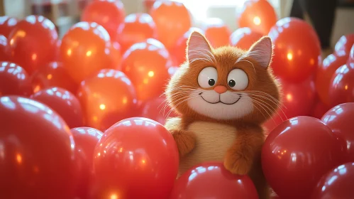 Playful Cat with Red Balloons