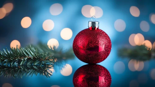 Festive Red Christmas Ball with Evergreen and Lights