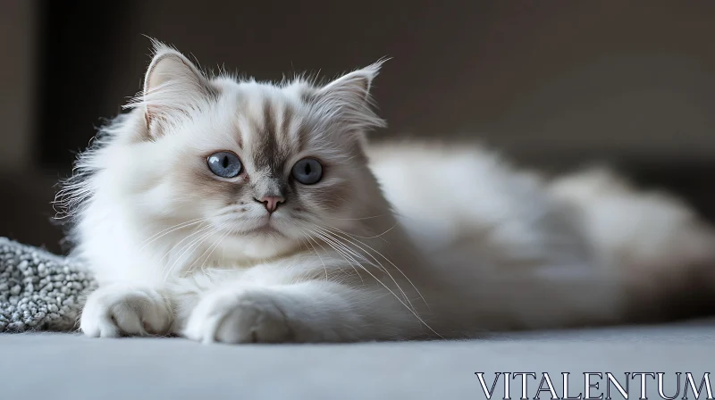 White Fluffy Cat with Blue Eyes Laying Down AI Image