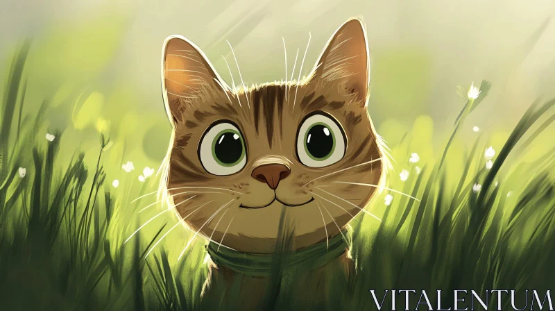 Cute Cat in Green Grass Illustration AI Image