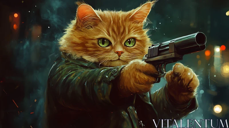 Action Cat with Gun in City Night AI Image