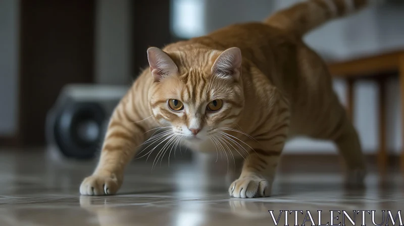 Focused Orange Tabby Cat in Stalking Pose AI Image