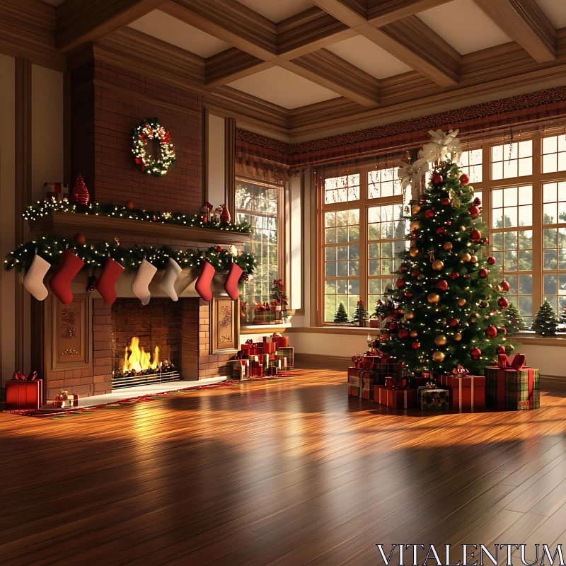 Festive Holiday Interior with Decorated Tree and Fireplace AI Image