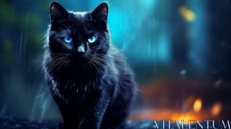 AI ART Black Cat in Rainy Forest Digital Painting
