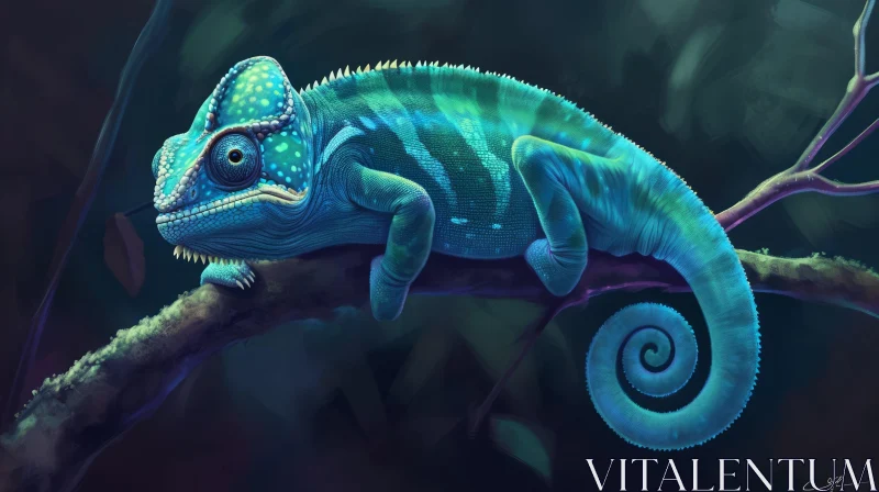 Blue Chameleon Digital Painting on Branch - Captivating Artwork AI Image