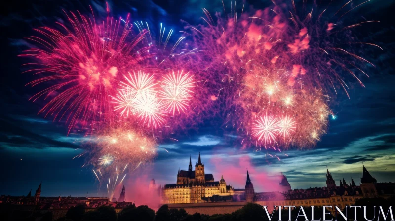 Captivating Fireworks Over Castle and City in Czech Republic AI Image