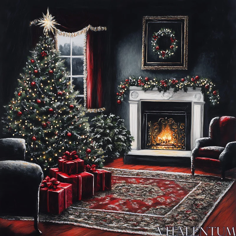 Festive Living Room with Christmas Tree and Fireplace AI Image