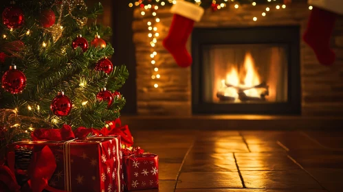 Festive Fireplace with Christmas Tree and Gifts