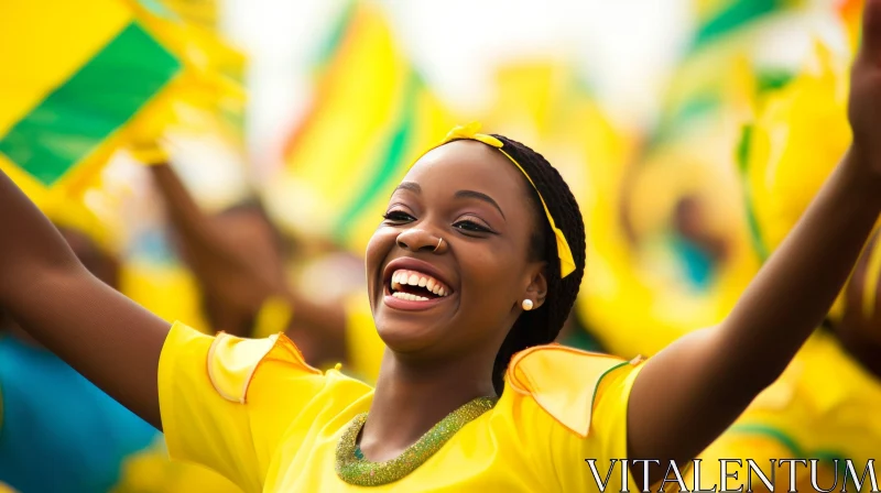 Cheerful Woman Waving Yellow and Green Flag | Cultural Celebration AI Image