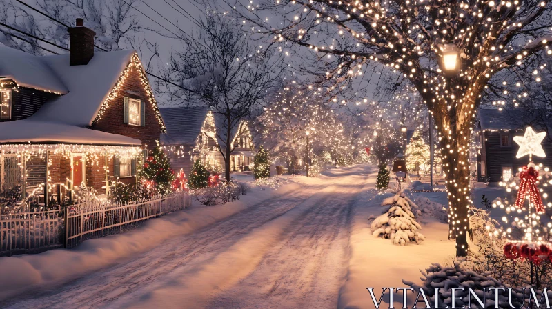 Magical Winter Neighborhood with Christmas Decorations AI Image