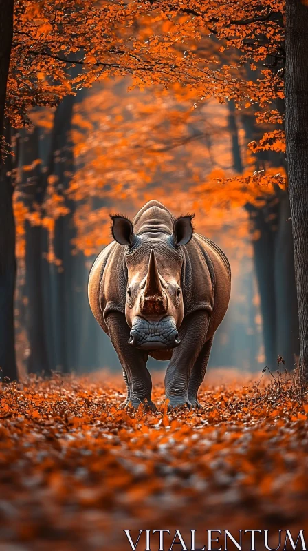 AI ART Rhinoceros Amidst Autumn Leaves