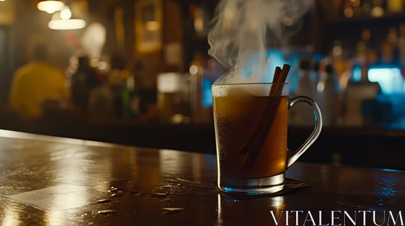 Delicious Hot Tea with Cinnamon Sticks on a Wooden Table in a Bar AI Image