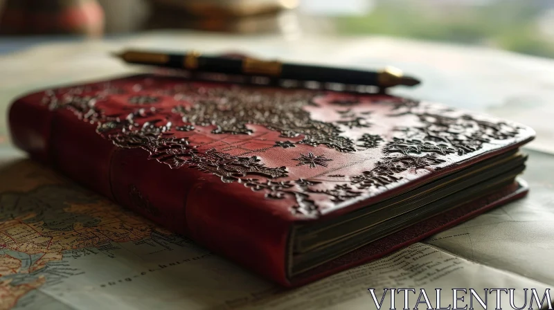 AI ART Elegant Red Leather-Bound Book with Floral Pattern and Pen on World Map