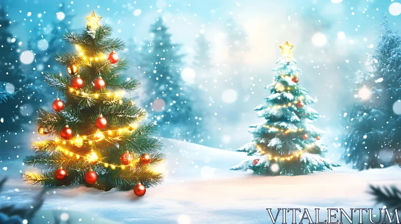 Festive Christmas Trees in Snowy Landscape AI Image