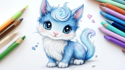 Charming Fluffy Blue Kitten Drawing with Heart Shapes