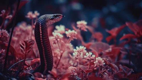 Majestic Snake in Flower Field: A Captivating Close-Up