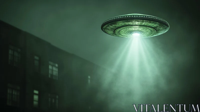 Mysterious Green UFO Over Dark City AI Image
