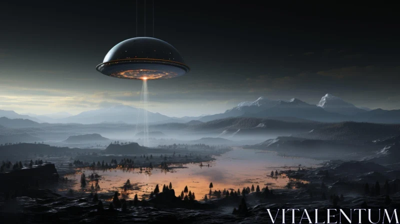 Mysterious UFO Digital Painting Over Lake and Mountains AI Image