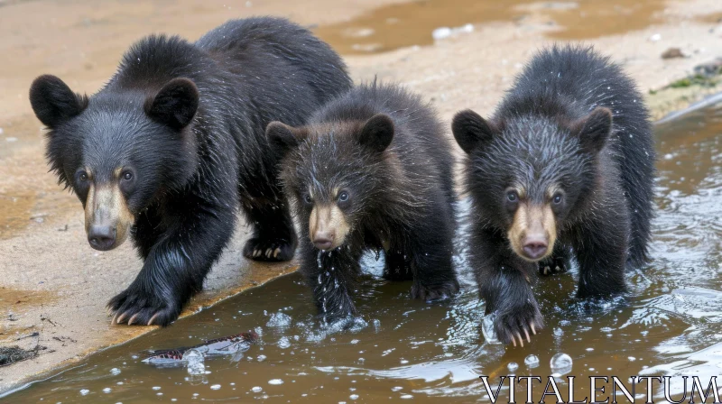 Playful Black Bear Cubs Enjoying a Swim in a Shallow Pond AI Image
