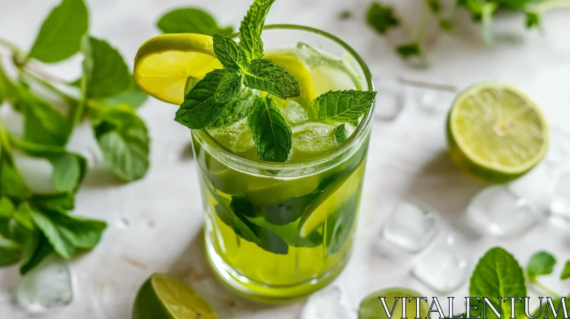 AI ART Refreshing Green Cocktail or Lemonade with Mint on White Marble Table