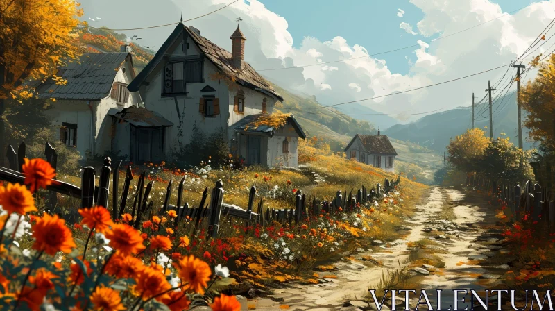 Tranquil Mountain Village Landscape with Trees and Flowers AI Image
