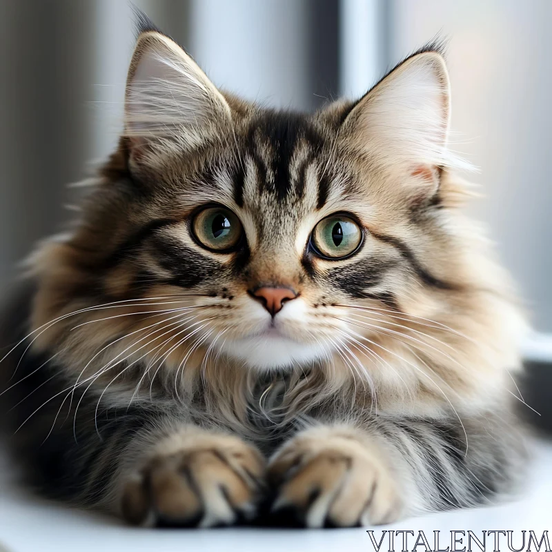 Charming Kitten Portrait Highlighting Fluffy Fur and Green Eyes AI Image