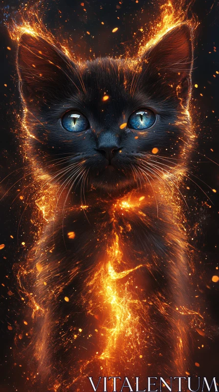 Fiery Black Cat with Luminous Blue Eyes AI Image