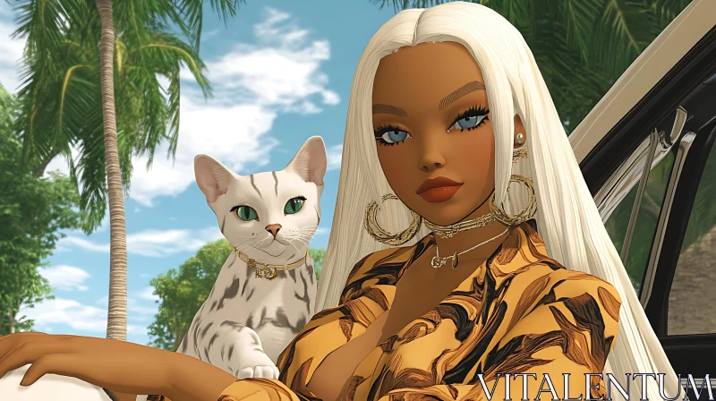 AI ART Fashionable Lady and Her Cat in Tropical Setting