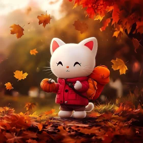 Adorable Cat in Fall Scene with Pumpkin