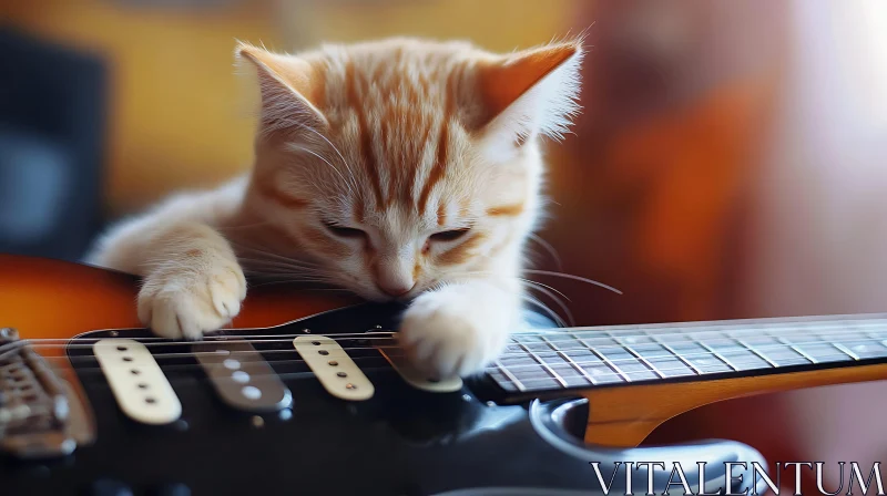 Cute Orange Kitten with Electric Guitar AI Image