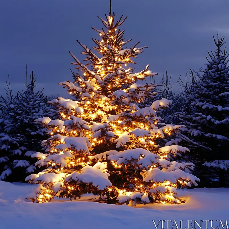 Illuminated Christmas Tree in Winter Snow AI Image