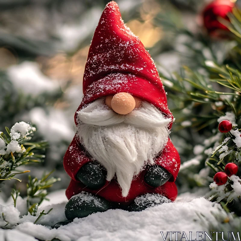 Festive Gnome Covered in Snow Among Evergreen Branches AI Image