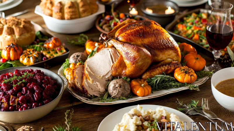 A Bountiful Thanksgiving Feast: Roasted Turkey, Mashed Potatoes, and More AI Image