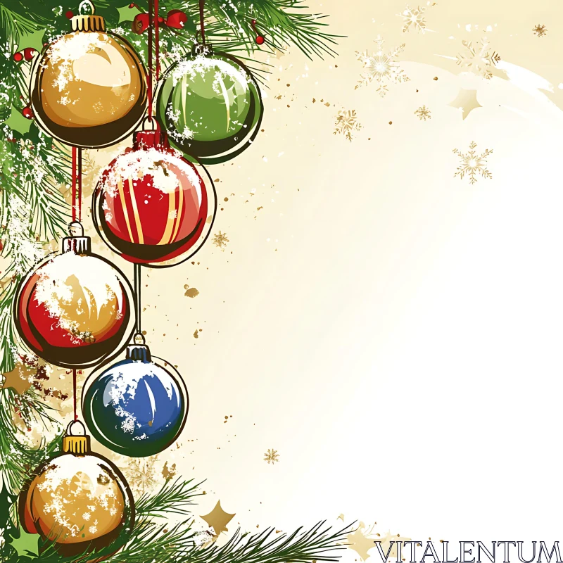 Beautiful Holiday Decorations with Snow and Baubles AI Image