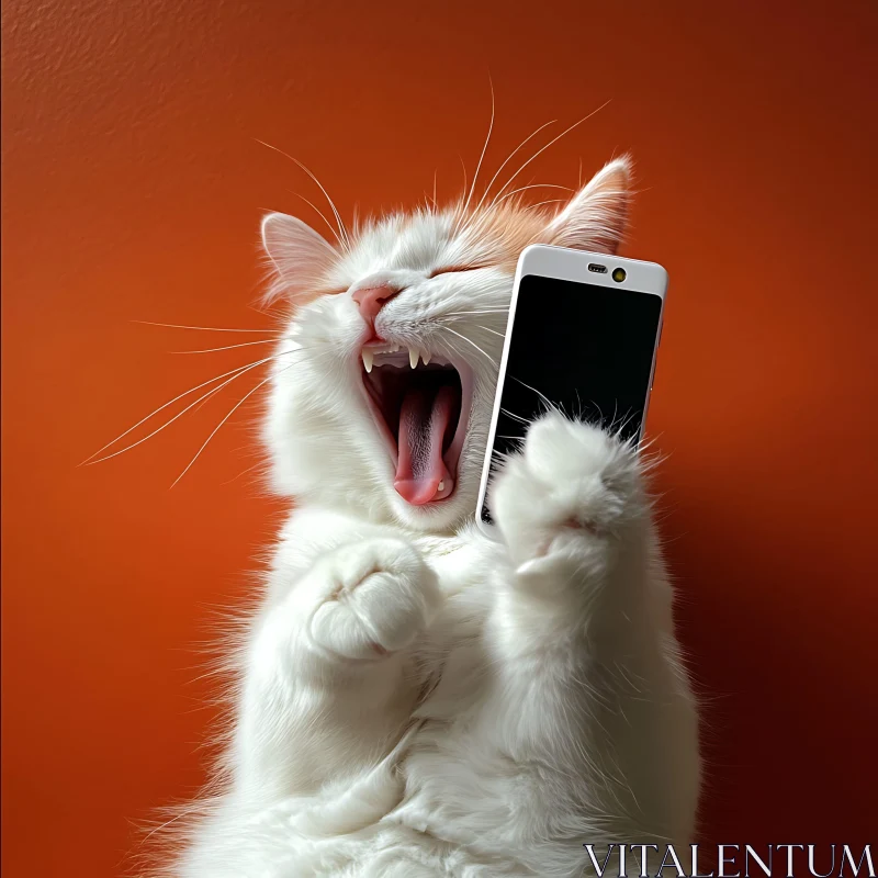 Funny White Cat Holding Smartphone AI Image