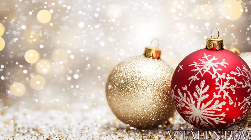 Glittering Christmas Decorations with Gold and Red Balls AI Image