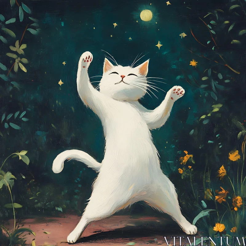 AI ART Playful Cat Enjoying Moonlit Garden