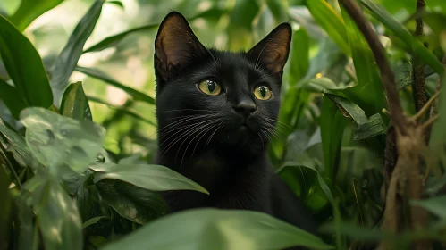 Black Cat Among Green Leaves