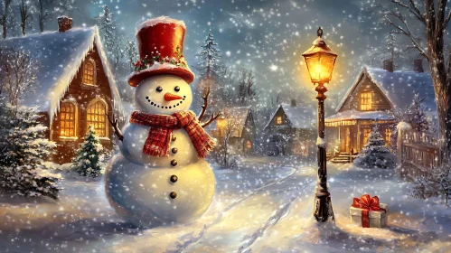 Festive Winter Scene with Snowman and Vintage Street Lamp