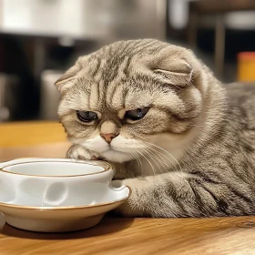 Contemplative Cat with Coffee Cup on Table