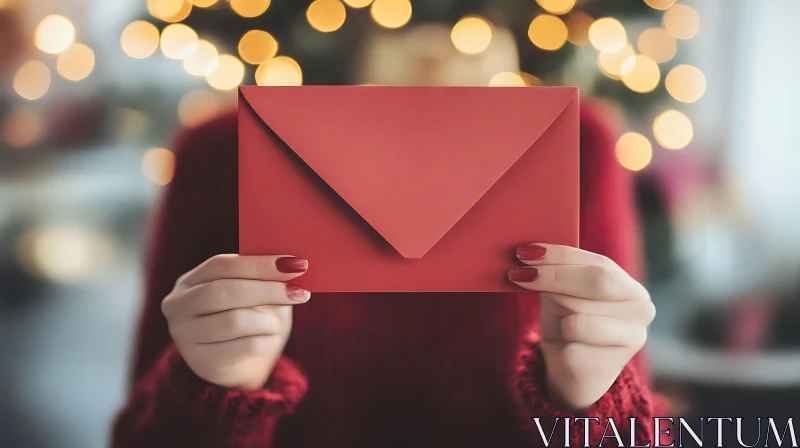 Red Envelope in Hands with Festive Bokeh Lights AI Image