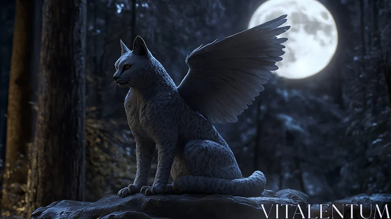 Mythical Winged Cat in Moonlit Enchanted Forest AI Image