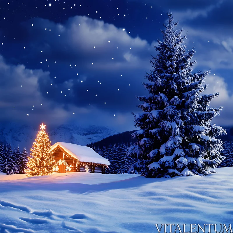 Snowy Cabin with Christmas Lights and Tree AI Image