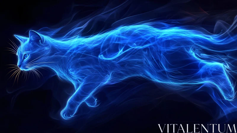 Blue Luminescent Cat in Motion AI Image