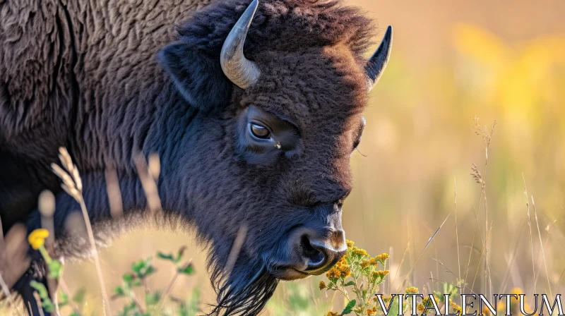 Close-Up of a Bison in a Field of Yellow Flowers AI Image
