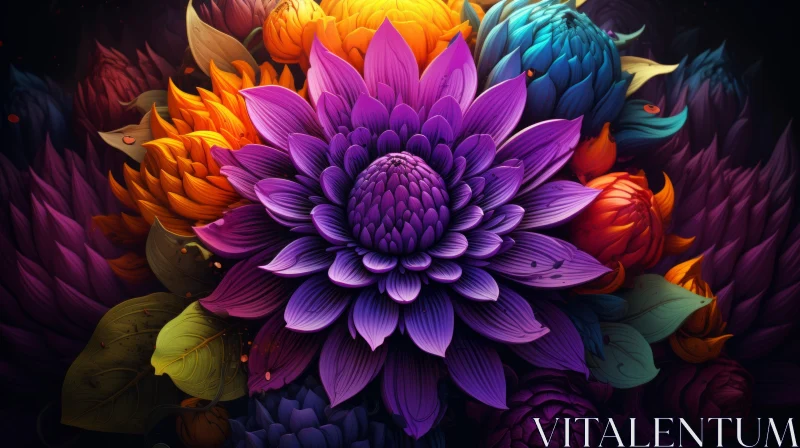 Colorful Flower Digital Artwork - Monochrome Surreal Illustration AI Image
