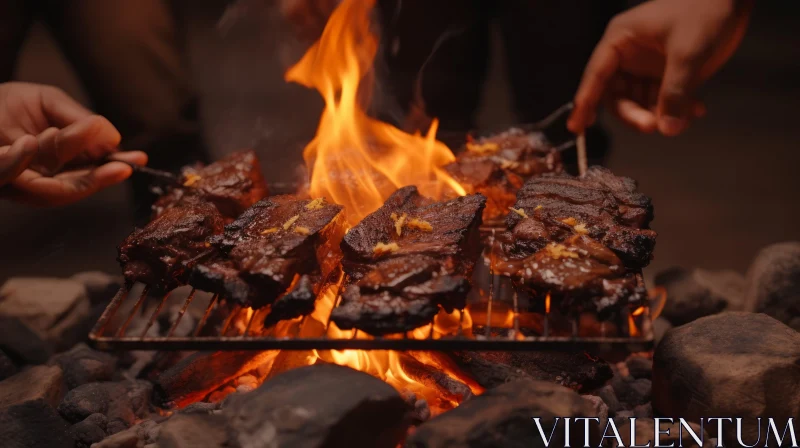 Cooking Steaks on Charcoal Fire: Close-up with Flames AI Image
