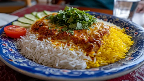 Delicious Plate of Food: White Rice, Yellow Rice, and Chicken Tikka Masala