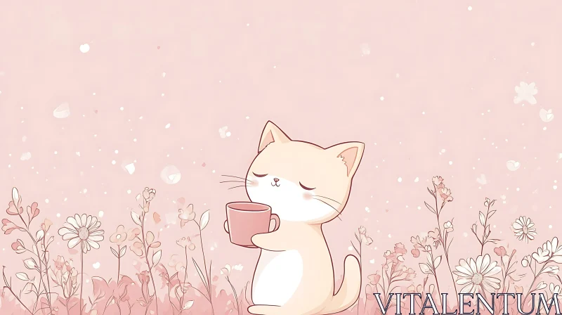 Cute Cat Holding Cup Surrounded by Flowers AI Image